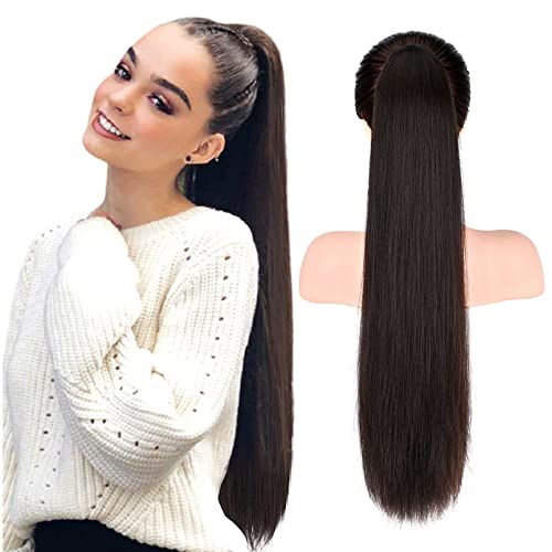 SEIKEA 28" Ponytail Extensions Drawstring Long Straight Fake Pony Tail Natural Soft Clip in Hair Extension Synthetic Heat Resistant Hairpiece - Dark Brown