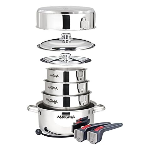 Magma 10 Piece Gourmet Nesting Stainless Steel Cookware Set, Induction Compatible, Oven Safe to 500°F - Suitable for All Stovetops, Removable Handles, Silver Cover