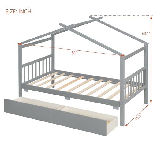 Image of Twin Size House Platform Bed with Roof and 2 Drawers, Solid Wood House Daybed Frame with Headboard and Slat Support for Kids Teens Girls Boys Bedroom, Can Be Decorated (Gray-03, Twin)