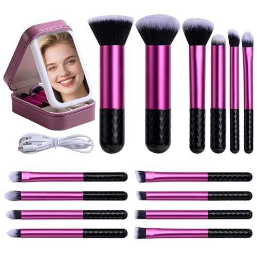 BS-MALL Makeup Brushes Set 14 Pcs with LED Light Mirror – Premium Cosmetic Tools for Flawless Beauty Routines (Purple)