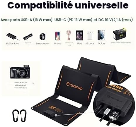 FlexSolar Chargeurs Solaires Portables 40 W, USB puissance d'Urgence ETFE Panneaux Pliables IP67 étanche Camping Randonnée pour Téléphones, Ventilateurs, Lampes de Poche - 2