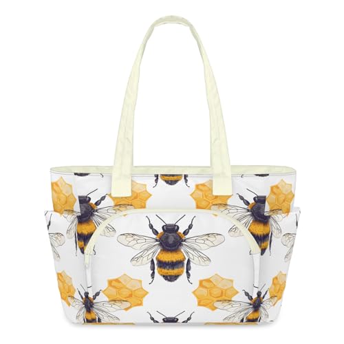 Adornori Honey Bee Tote Bag for Women Puffer Work Handbag Large Travel Tote Shoulder Bag with Zipper for Clinical Gym, Honeycomb Bee