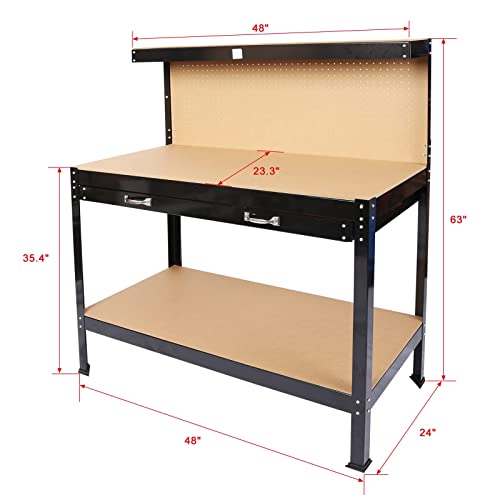 Work Bench With Drawers, Wood Garage Workbench With Peg Board And Storage Shelf, Multipurpose Work Table Tool Organizer For Shop, Hold Up To 300 Lbs, 48" L X 24" W X 63" H #TOP4
