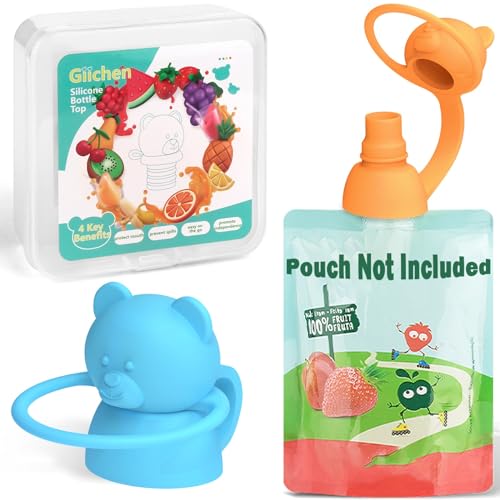 Giichen Soft Sip Food Pouch Topper - Food Grade Silicone Pouch Tops for Baby Prevent Spills, Led Weaning, Self Feeding, Protects Childs Mouth, BPA Free Food Pouch Lids - 2 Pack (Blue Orange)