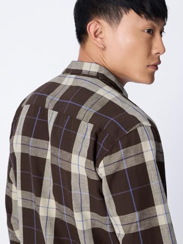 Image of The Souled Store: Blue Sails Men and Boys Long Sleeve Collared Neck Button Front Blue and Cream Checked Embroidered Regular Fit Cotton Linen Shirt