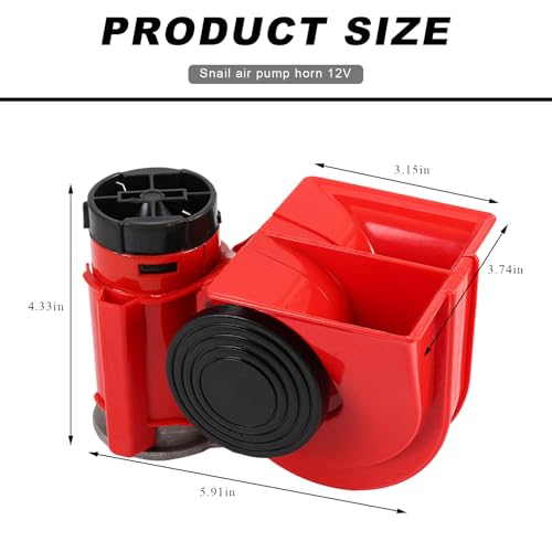 DXNQ Train Horn Air Horn for Truck, 12V Super Loud Snail Car Horn with Relay Wiring Harness Compressor, Waterproof Electric Snail Air Horn Kit for 12V Vehicles Motorcycle Boat SUV (Red)