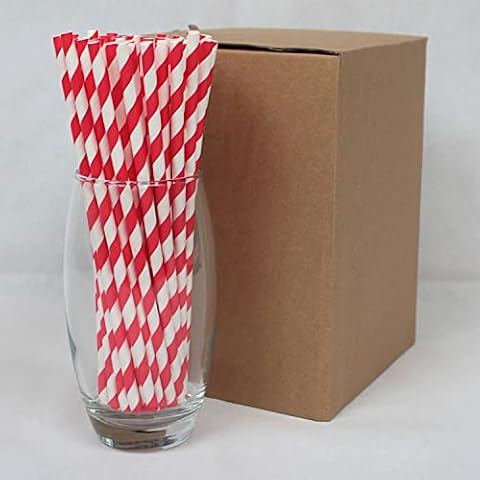 Bright Red Striped Paper Straws (6mm x 200mm) - Pack Size 500 - Biodegradable / Eco-Friendly / Highly Durable / Food Safe / Suitable for All Occasions Cover