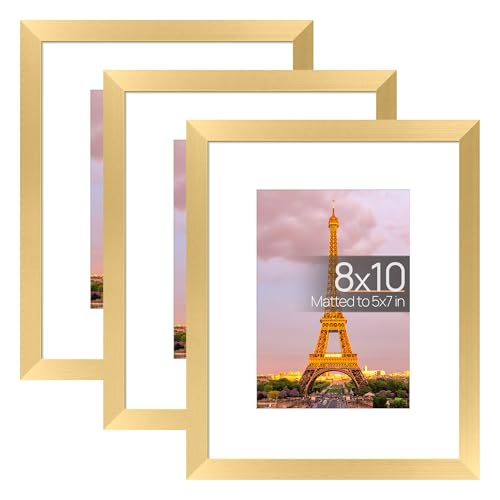 upsimples 8x10 Picture Frame Set of 3, Made of High Definition Glass for 5x7 with Mat or 8x10 Without Mat, Wall Mounting Photo Frames, Gold