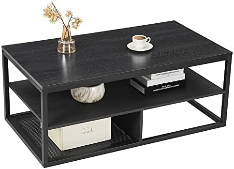 Furniture Express Coffee Table with Shelf, Easy to Assemble, Industrial, Living Room, Office, Bedroom, Metal Frame, Storage Shelf, Wood Effect Black