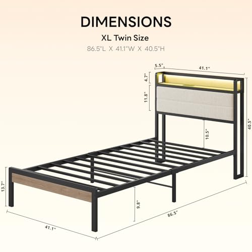 Image of LIKIMIO Twin XL Bed Frame with Storage Headboard and LED Lights, Metal Platform Bed with Charging Station, Noise Free, No Box Spring Needed, Under Bed Storage, Natural and Cream