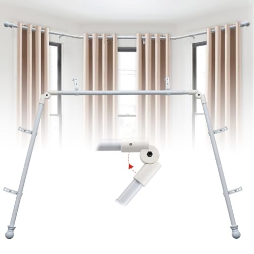 Bay Window Curtain Rods, 36-160" Heavy Duty Corner Curtain Rod, Adjustable DIY Design for Center and Side Rods,U-Shape 1 inch Drapery Rod Set with Brackets for Windows - White