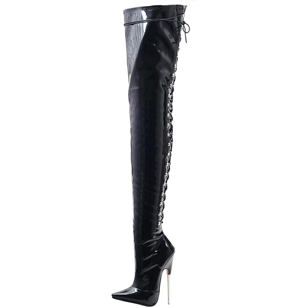 Femmes Sexy Cuissardes 18 cm Métal Mince Talons Hauts Bout En Dentelle Laçage Cuissardes Bottes Stripper Club Pole Dance Chaussures Plus cuissarde/Black/38EU