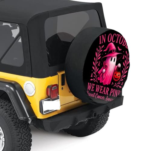 in October We Wear Pink Shirt Ghost Breast Cancer Awareness for Truck SUV Trailer Camping RV Universal Tire Covers 15 inch2
