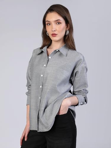Image of Urbano Fashion Women's Cotton Full Sleeve Oversized Fit Casual Striped Shirt with Spread Collar