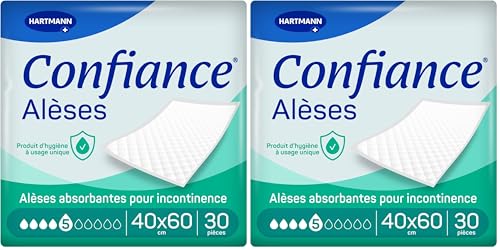 Confiance Alèse - Alèses pour la Protection de la Literie ou du Fauteuil - Niveau d'Absorption : 5 Gouttes - Dimensions : 40 x 60 cm - 30 unités (Lot de 2)