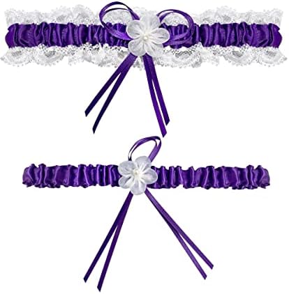 RIMOBUL 2 Pieces Wedding Garters Lace Bridal Garter Faux Pearls Garter for Bride with Toss Away (Purple)