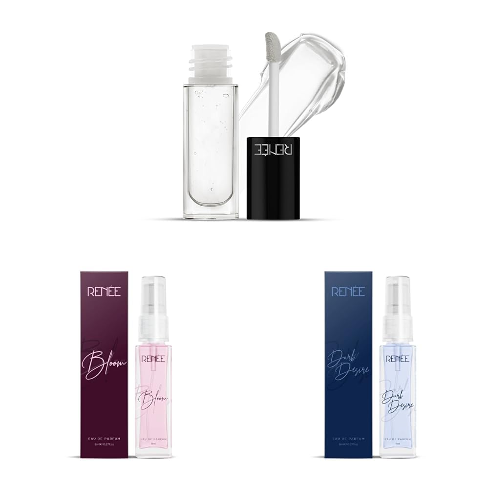 Hot Lips Clear Lip Gloss 4.5ml & Eau De Parfum Bloom 8ml, Premium Long Lasting Spray Perfume Scent, Travel Friendly Mini Perfume & Eau De Parfum Dark Desire 8ml for Women
