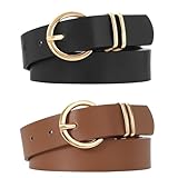 VONMELLI 2 Pack Women's Leather Belts for Jeans Dresses Fashion Gold Buckle Ladies Belt Black+Light Coffee,M