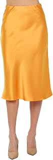 Women Solid High Waist Silky Casual Elastic Satin Midi Skirt -Made in USA (Available in Plus Size)