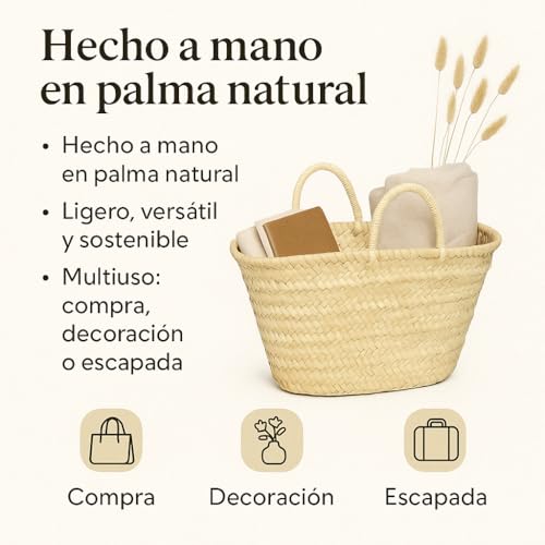 Miniatura 5 de Cesto De Palma Natural Tejido A Mano, Bolso De Playa Con Asas, Estilo Capazo Tradicional B: 18 X 33 X 13