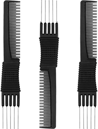 Leinuosen 3 Pack Teasing Combs with Metal Pick, Black