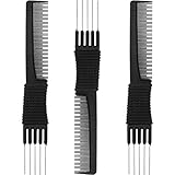 Leinuosen 3 Pack Carbon Lift Teasing Combs with Metal Prong, Hair Pick Comb for Women Hair Styling(Black)