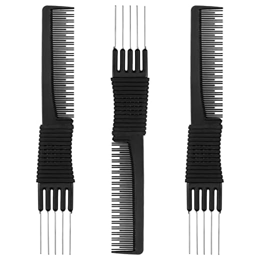 Leinuosen 3 Pack Carbon Lift Teasing Combs with Metal Prong, Hair Pick Comb for Women Hair Styling(Black)