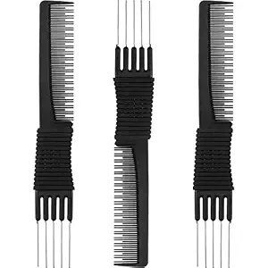 Leinuosen 3 Pack Teasing Combs with Metal Pick, Black