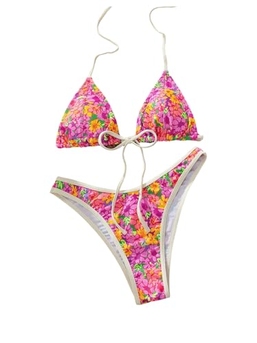 Image of WDIRARA Women's Floral Polka Dots Bikini Sets Triangle Halter String Swimsuit 2 Piece Bathing Suit
