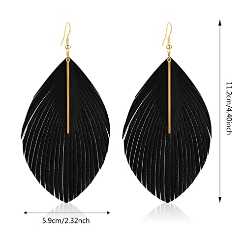 Wuweijiajia Bohemian Handmade Lightweight Color Large Genuine Soft Leather Fringe Feather Leaf Tear Dangle Drop Earrings For Women Girls Statement Jewelry Gifts (Black) #TOP1