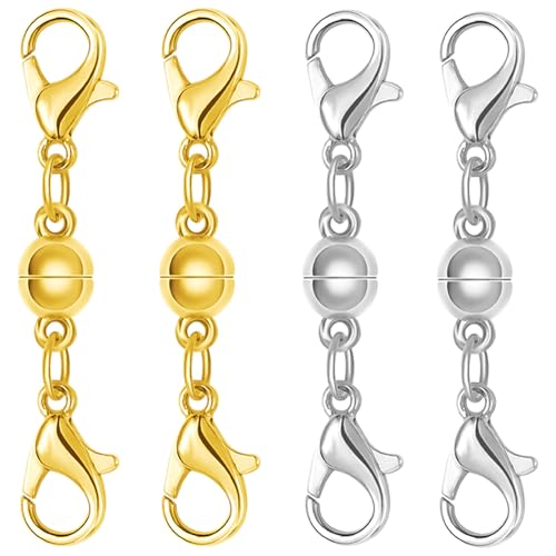 Magnetic Necklace Clasps and Closures, S925 Sterling Silver Magnetic Clasp Converter, Double Lobster Clasp Design (4pcs Gold Silver)