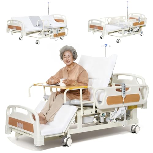 Hebomorym Full Electric Hospital Bed for Home Use, Premium 10 Functions Medical Beds with Mattress, Lateral Tilt Hospital Bed Includes ABS Rails, Casters with Brake, IV Pole, Dining Table