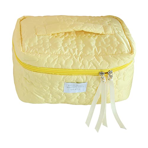 Juoxeepy Cotton Makeup Bag Large Travel Cosmetic Bag Quilted Cosmetic Pouch Coquette Aesthetic Floral Toiletry Bag, E05-Yellow, 11.02x6.69x5.91in