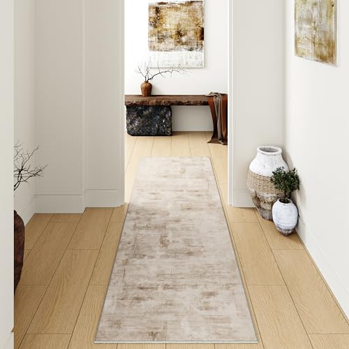 WondRg 3x10 Washable Runner Rug Beige Grey Abstract Hallway Kitchen Throw Rug Neutral Modern Non Slip Soft Low Pile Carpet for Bathroom Laundry Bedroom Living Room 3' x 10' (Runner) Beige/Gr
