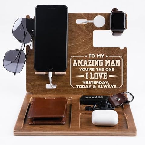 Fastpeace Wood Phone Docking Station for Him for Him 2024 - Desk Accessories & Workspace Organizer - Birthday Gifts for Boyfriend, Key Holder - Stand Watch for Men Cover