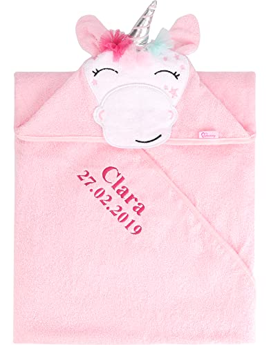 Be Mammy Kapuzenhandtuch Babyhandtuch aus Baumwolle Bestickt mit Name und Geburtsdatum 95cm x 95cm BE20-282-BBL (Rosa - Einhorn)