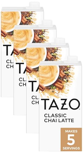 TAZO Classic Chai Latte, Black Tea Concentrate, Easy-to-Serve Caffeinated Chai Tea for Everyday Lattes, Mocktails and Hot or Iced, 32 oz Carton, (Pack of 4)