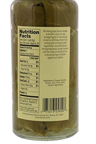 Krinos Premium Grape Leaves in Vinegar Brine, 16oz Glass Jar – Perfect for Dolmas, Mediterranean Cuisine, and More