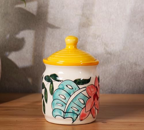Image of Niyara Handcrafted Ceramic Pickle Jar Set, Premium Metal Tray & Lids - Multipurpose Storage for Pickles, Chutneys, Spices & Condiments (Set of 3 with metal tray, 300 ml, flower design)