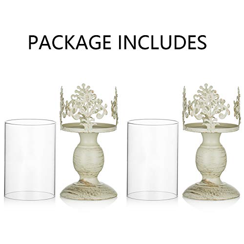Nuptio Pcs of 2 Vintage Metal Pillar Candle Holder Antique Hurricane Candlestick with Glass Screen Cover Accent Display for Home Wedding Candlelight Dinner Decoration (S+S)