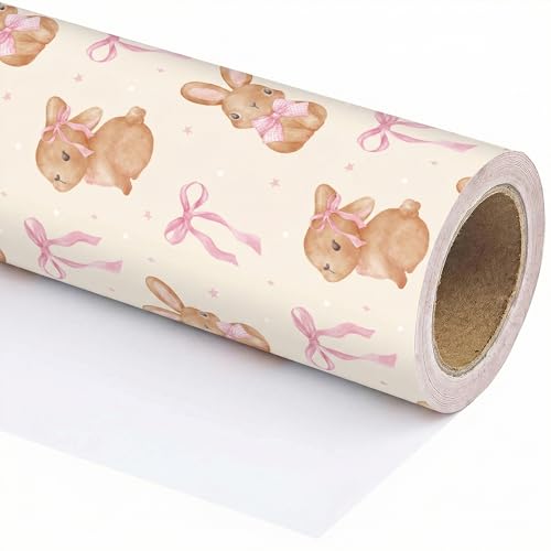 WRAPLULU Bunny Wrapping Paper Roll - 17.5 Inches * 26 Ft. - Pink Bow Gift Wrap, Perfect for Christmas Birthday Baby Shower Easter Wedding Spring