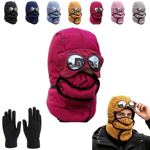 Winter Thermal Hat with Glasses, 4 in 1 Windproof Ski Mask Cap, Fashion Warm Hat with Goggles and Face Mask for Ski (A-5)