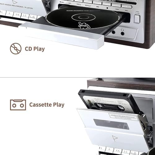 Giradischi Bluetooth, giradischi in vinile a 3 velocità con altoparlanti integrati, lettore CD e cassette, copertura antipolvere per audio domestico