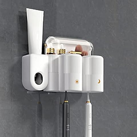 SHAIRMB Bathroom Toothbrush Holder with Dust Protection, Wall Mounted, Automatic Toothpaste Dispenser, Cup and Toothbrush Slots, No Drilling, Multifunctional Plastic Shelf,White,2cups Cover