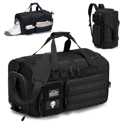 BAGZY Taktyczna Wojskowa Torba Podróżna 40L, Sportowa Torba Męska, Wodoodporna, Torba Do Jazdy Konnej, Torba Treningowa z Przegrodą Na Buty, Idealna Na Podróże, Sport, Fitness, Weekend, Camping Czarny