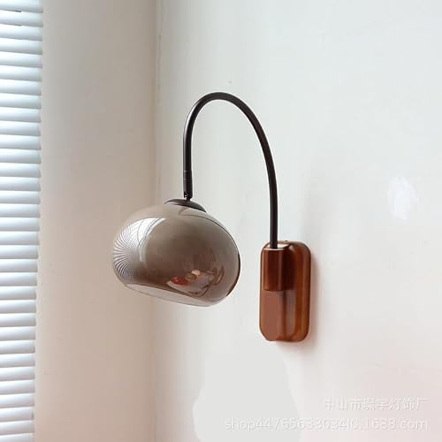 ITOSUI Nordic Modern Wall Sconce, Retro Glass Shade Wood Wall Lamp, Bauhaus Glass Globe Gooseneck Arm Solid Walnut Base Wall Light, for Bedroom Bedside Living Room(Gray)