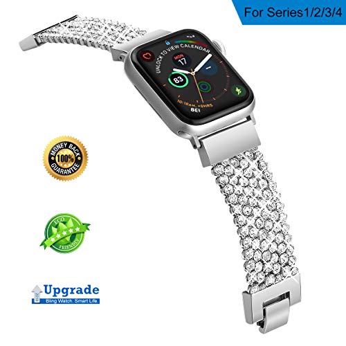 Compatible with Apple Watch Band 41mm 40mm 38mm 42mm 44mm 45mm iWatch Bands Series 7 SE 6 5 4 Women Girls, Crystal Rhinestone Replacement Strap, Fresheracc Mesh Chain Jewelry Wristband (Silver 45mm/44mm/42mm)