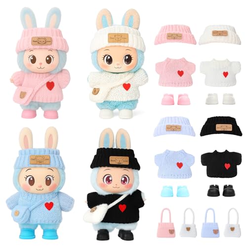 (4 Pack) Clothes for LABUBU 17cm Doll (NO Dolls), Exquisite Luxury Designer Outfits for LABUBU Includes Hat, Dress, Backpack & Shoes, Cute and Stylish Accessories for LABUBU