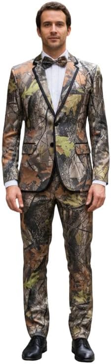 HBDesign Mens 2 Piece 2 Button Flat Collar with Black Trim Camouflage Suit Jacket+Pants+Bowtie