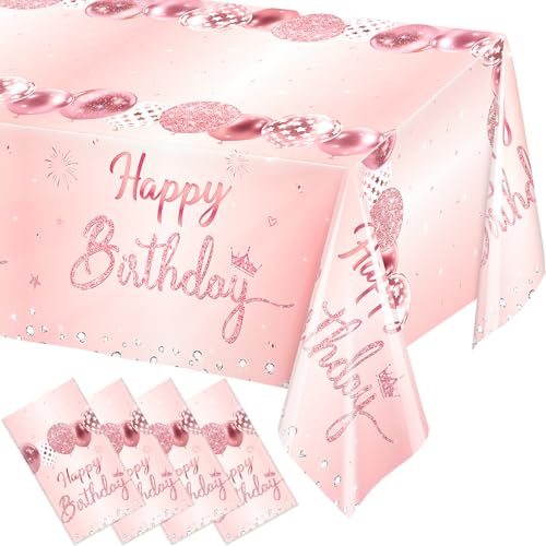 Image of WNINK 4 Pack Pink & Rose Gold Happy Birthday Tablecloths, Disposable Plastic Rectangular Table Covers for 6th 21st 30th 40th 50th Women Girls Birthday Party 54 x 108 Inches